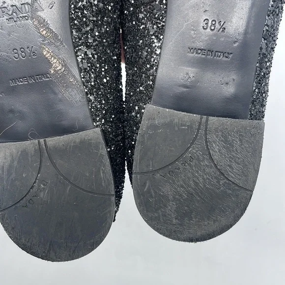 Prada Black Glitter leather bow logo embellished pointed toe ballet flats 38.5 - Picture 10 of 11